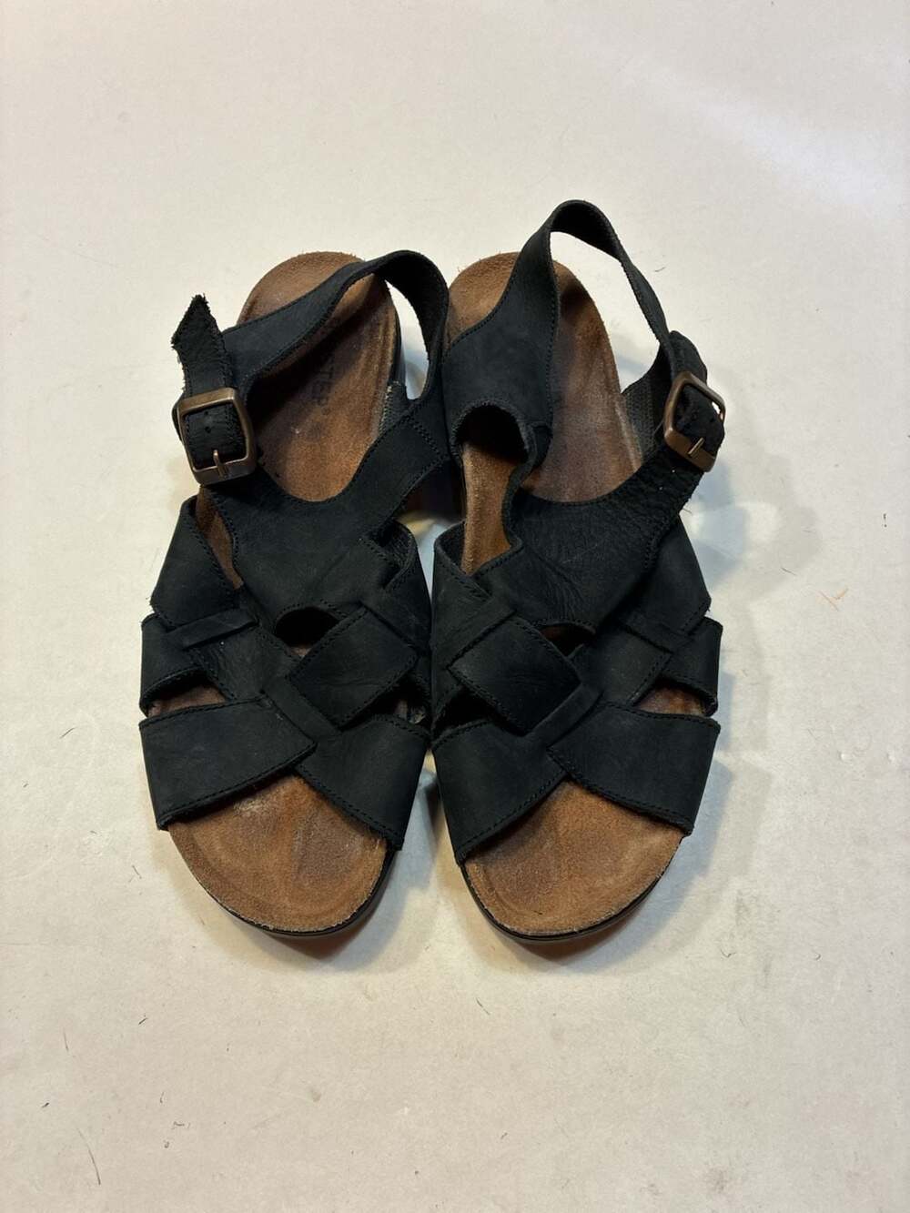 Biostep Black Leather Strappy Sandals Cork Footbed Made in Spain